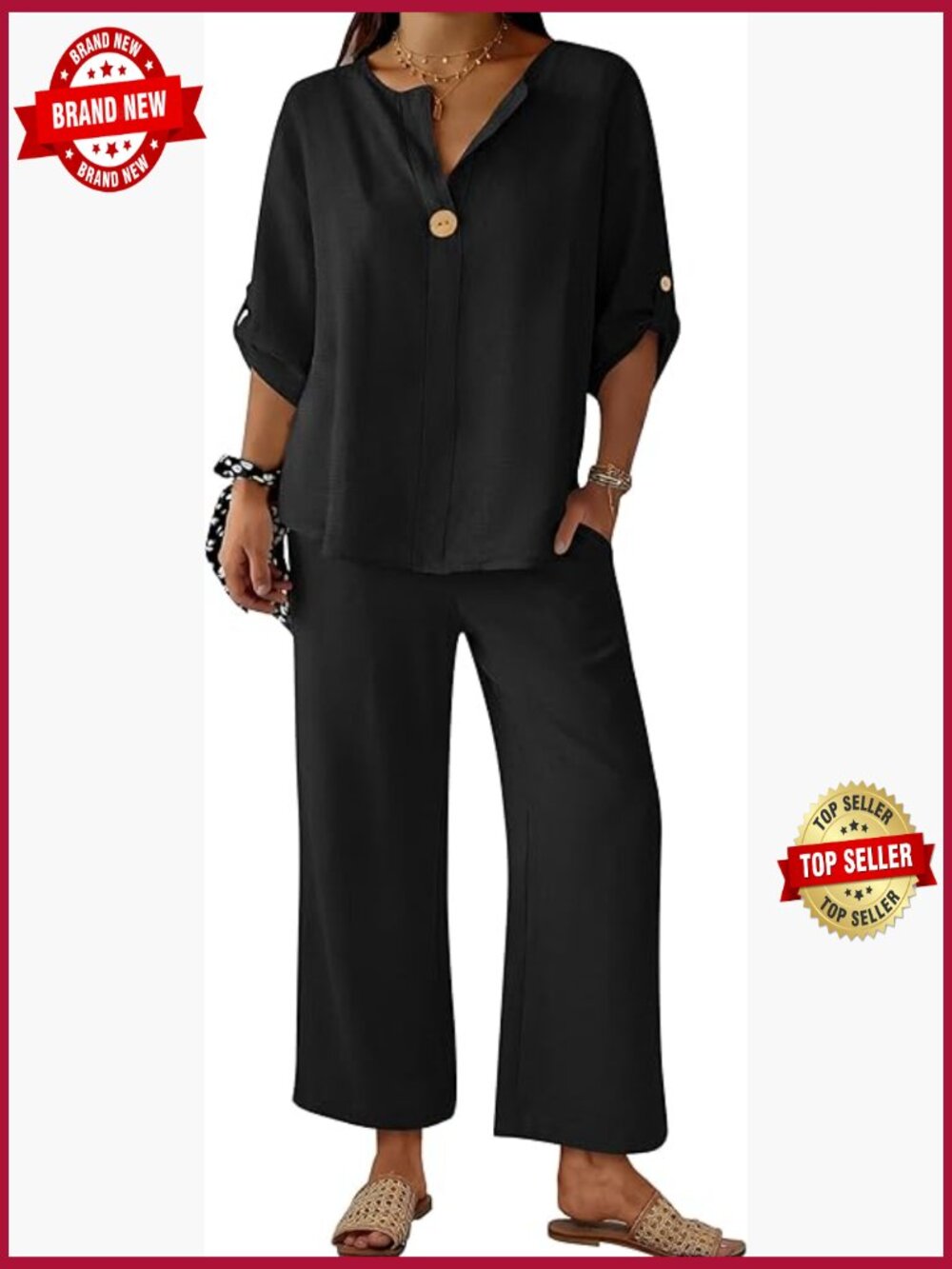 3/4 Sleeve V Neck Top Wide Leg Palazzo Pants Set Lounge 2 Piece